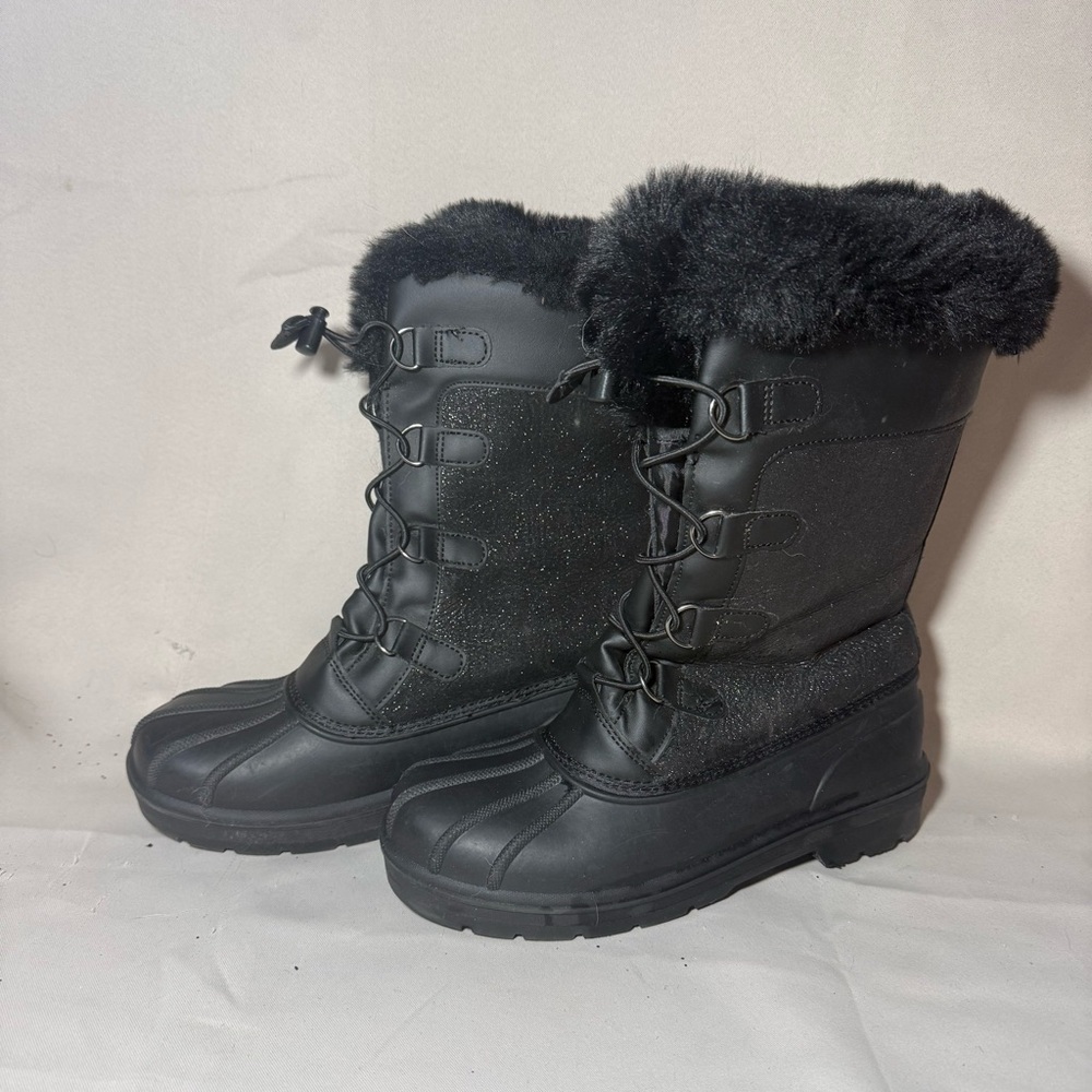 Cat & Jack Girl’s Faux Fur Thermolite Winter Boots Black Glittery sz: 6